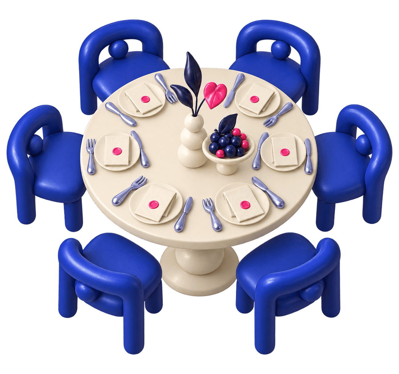 A circular cream dinner table with exactly six blue balloon chairs, six place settings, and pink-sealed invitations.