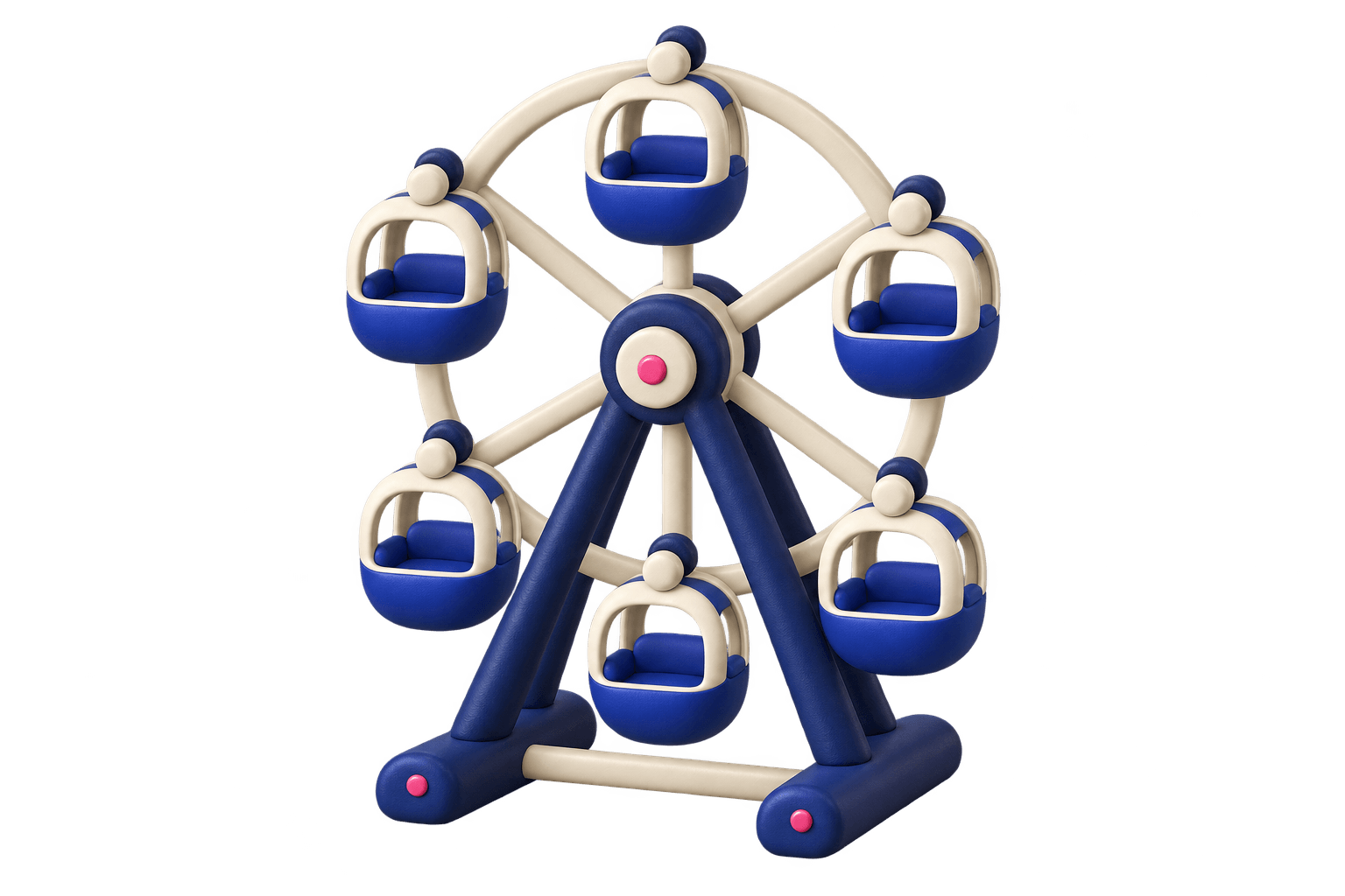 A sculptural ivory Ferris wheel with six cobalt-blue gondolas and tiny pink details.