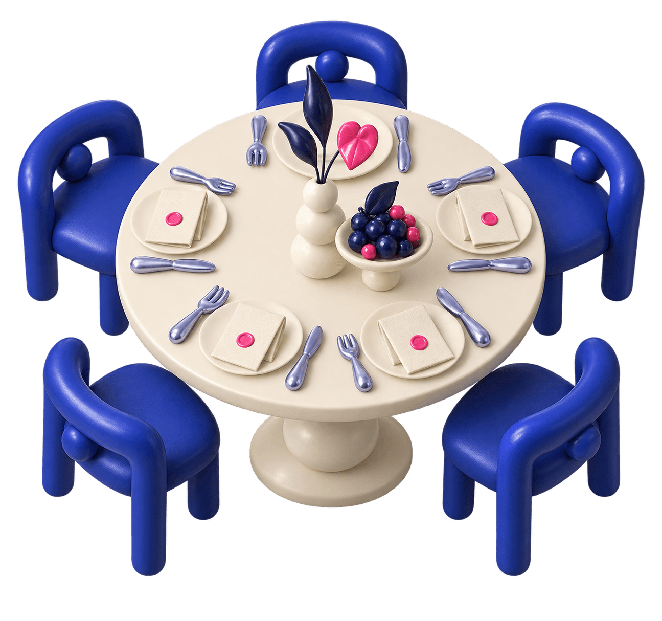 An illustrated dinner table with blue balloon chairs and personal invitations sealed in pink.
